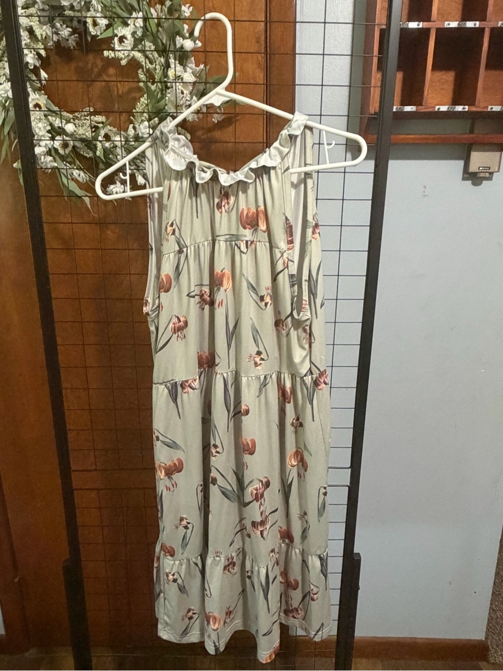 Floral Tiered Ruffle Halter Maxi Dress - Sage Green with Rust Blooms
